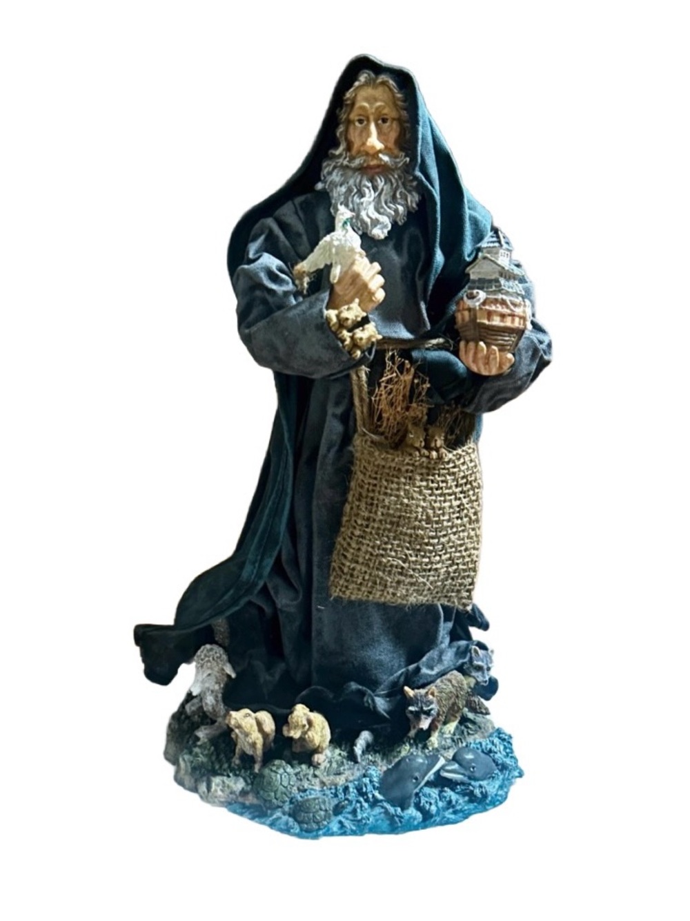 Vintage ~ Multi-Colors ~ Paper Mache Shepard Noah Ark W/ Ceramic Animals Figure